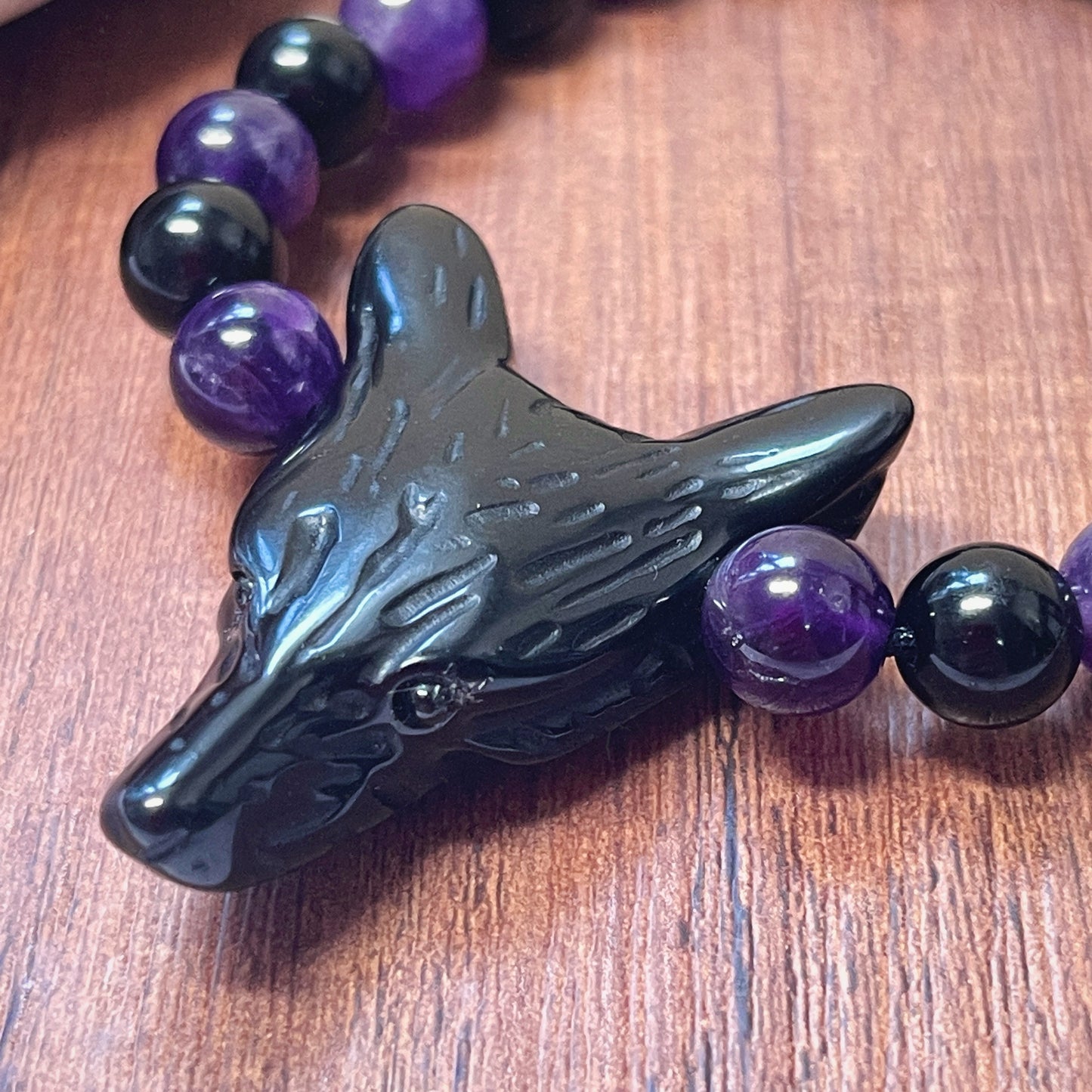 Amethyst Black onyx wolf spirit animal bracelet for protection Love