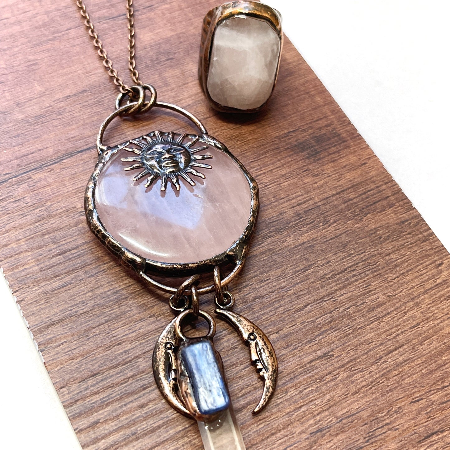 Copper Rose Quartz Shield Statement Adjustable Ring