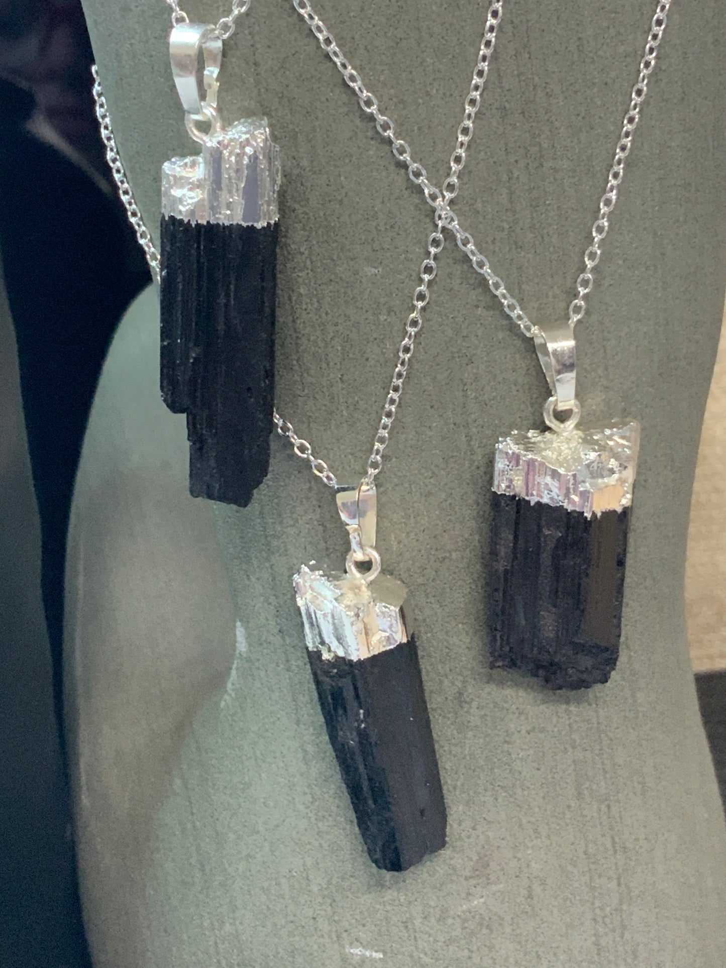 Raw black tourmaline silver necklace