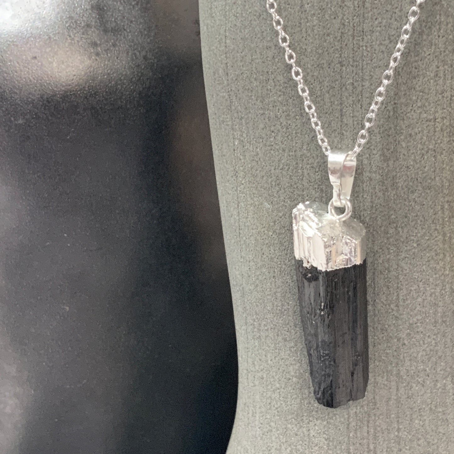 Raw black tourmaline silver necklace