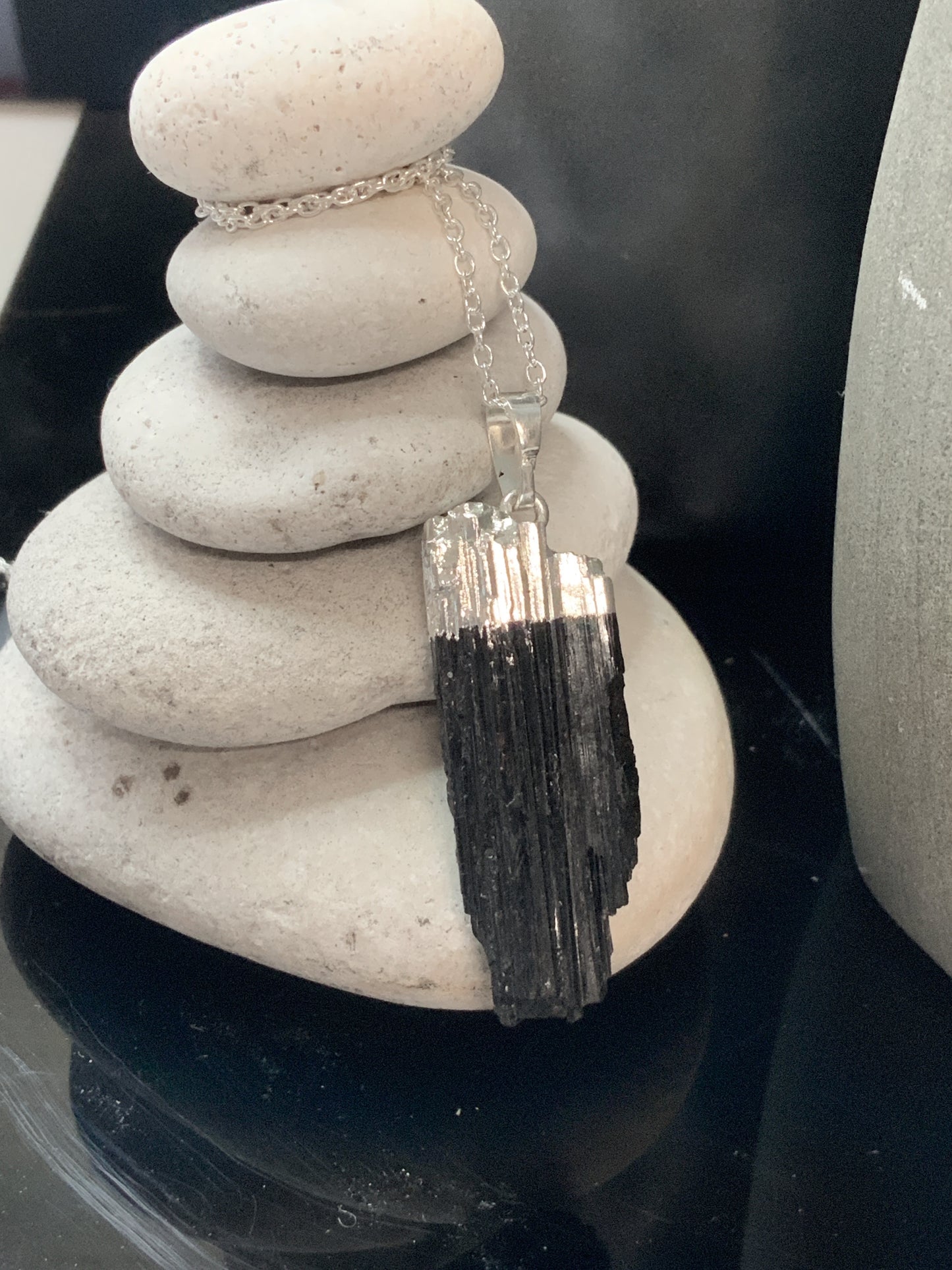 Raw black tourmaline silver necklace