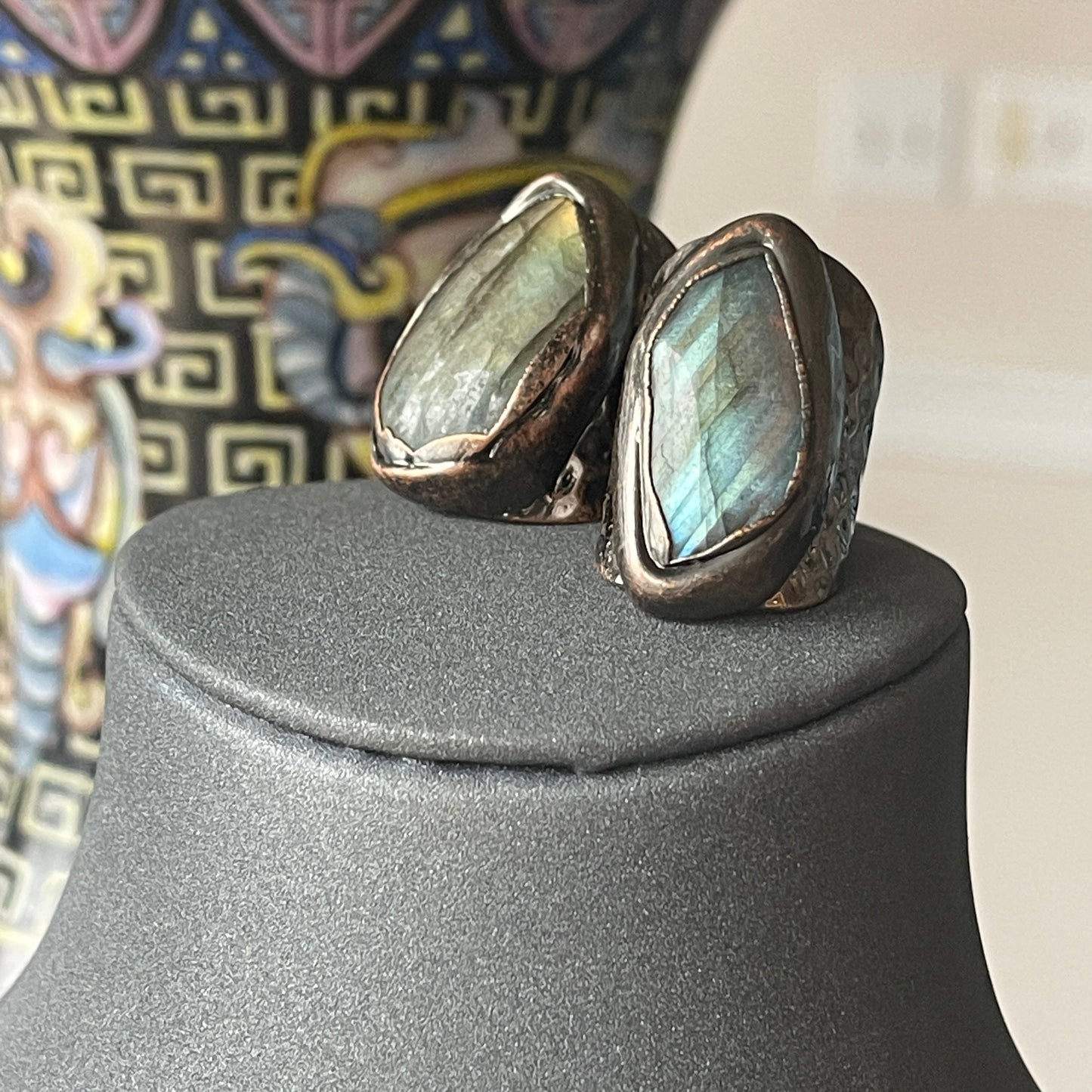 Antique Copper Labradorite Shield Statement Ring