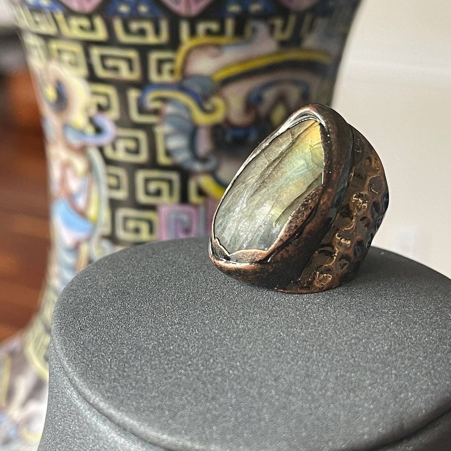 Antique Copper Labradorite Shield Statement Ring