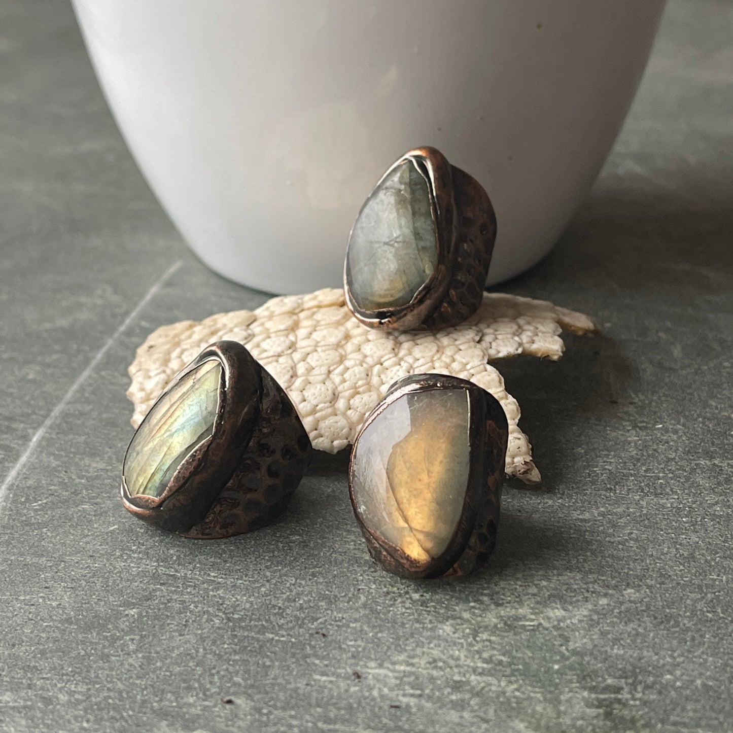 Antique Copper Labradorite Shield Statement Ring