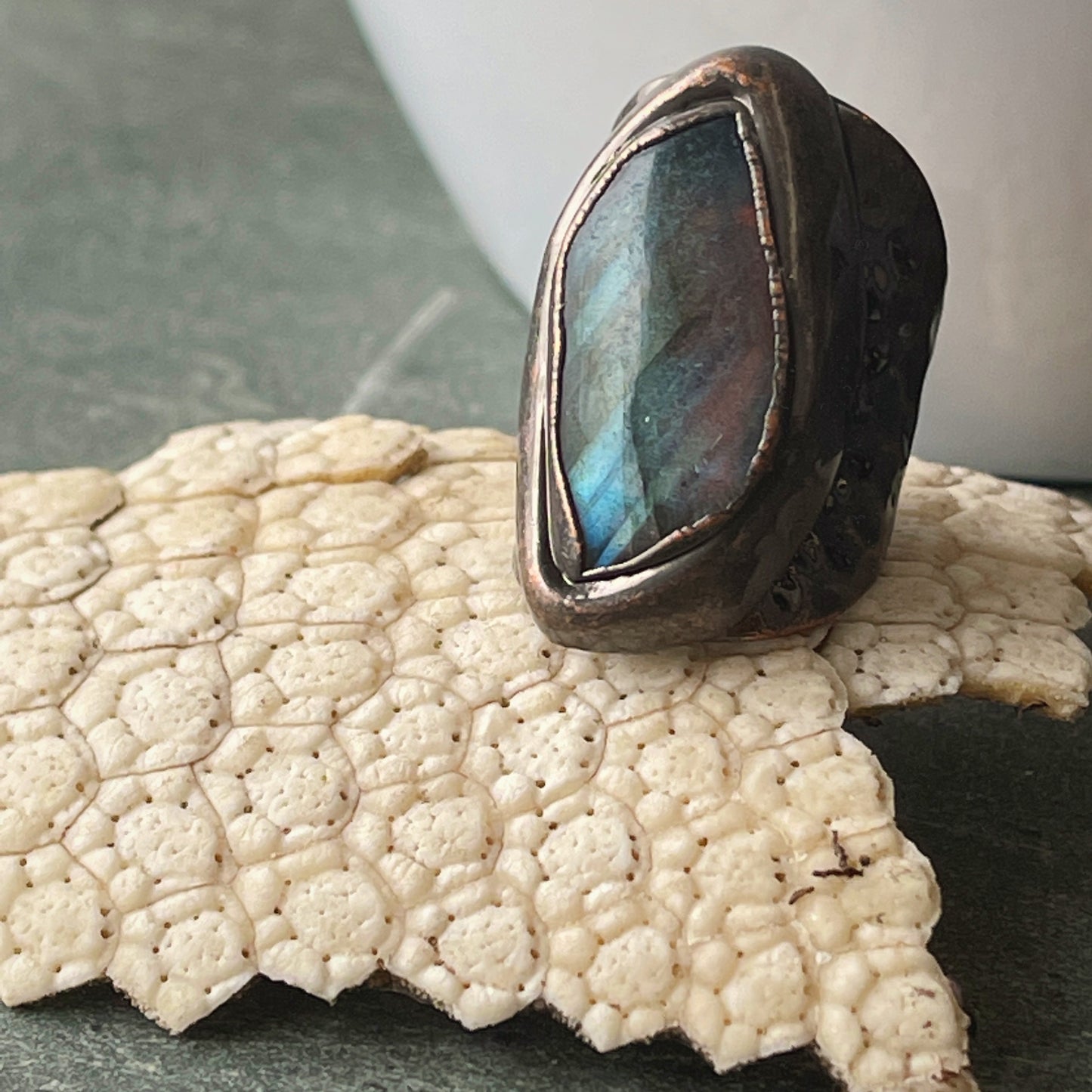 Antique Copper Labradorite Shield Statement Ring