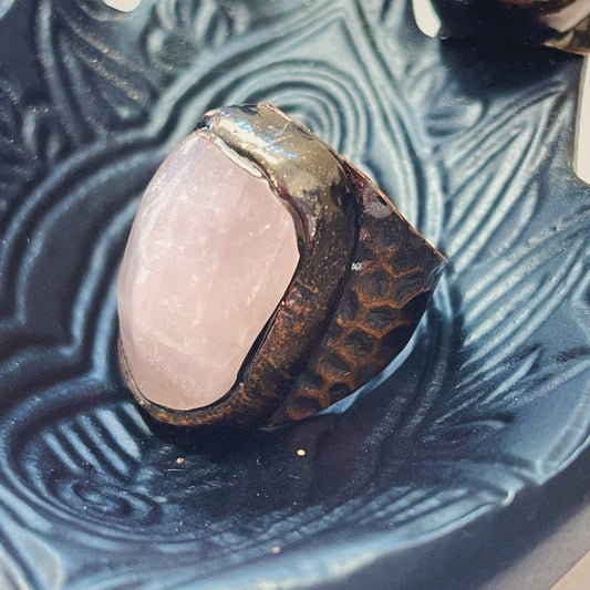 Copper Rose Quartz Shield Statement Adjustable Ring