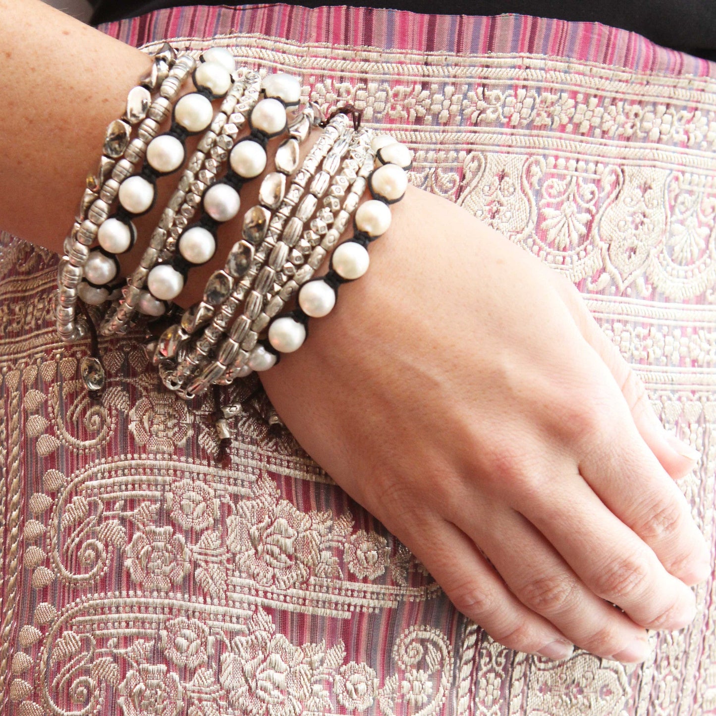 Hope Stacking Tibetan Silver Beaded Bracelets and Indu Pearl Slip Bracelet