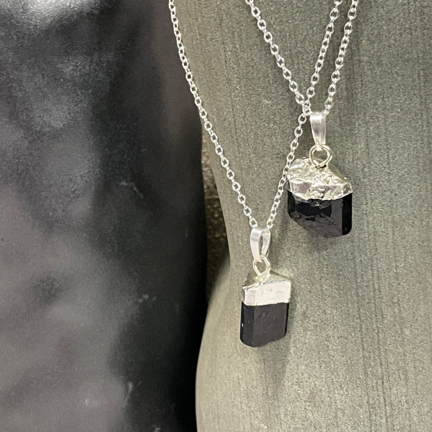 Raw black tourmaline silver necklace