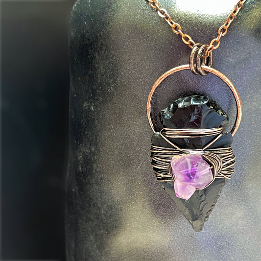 Black Obsidian & Amethyst Arrowhead necklace