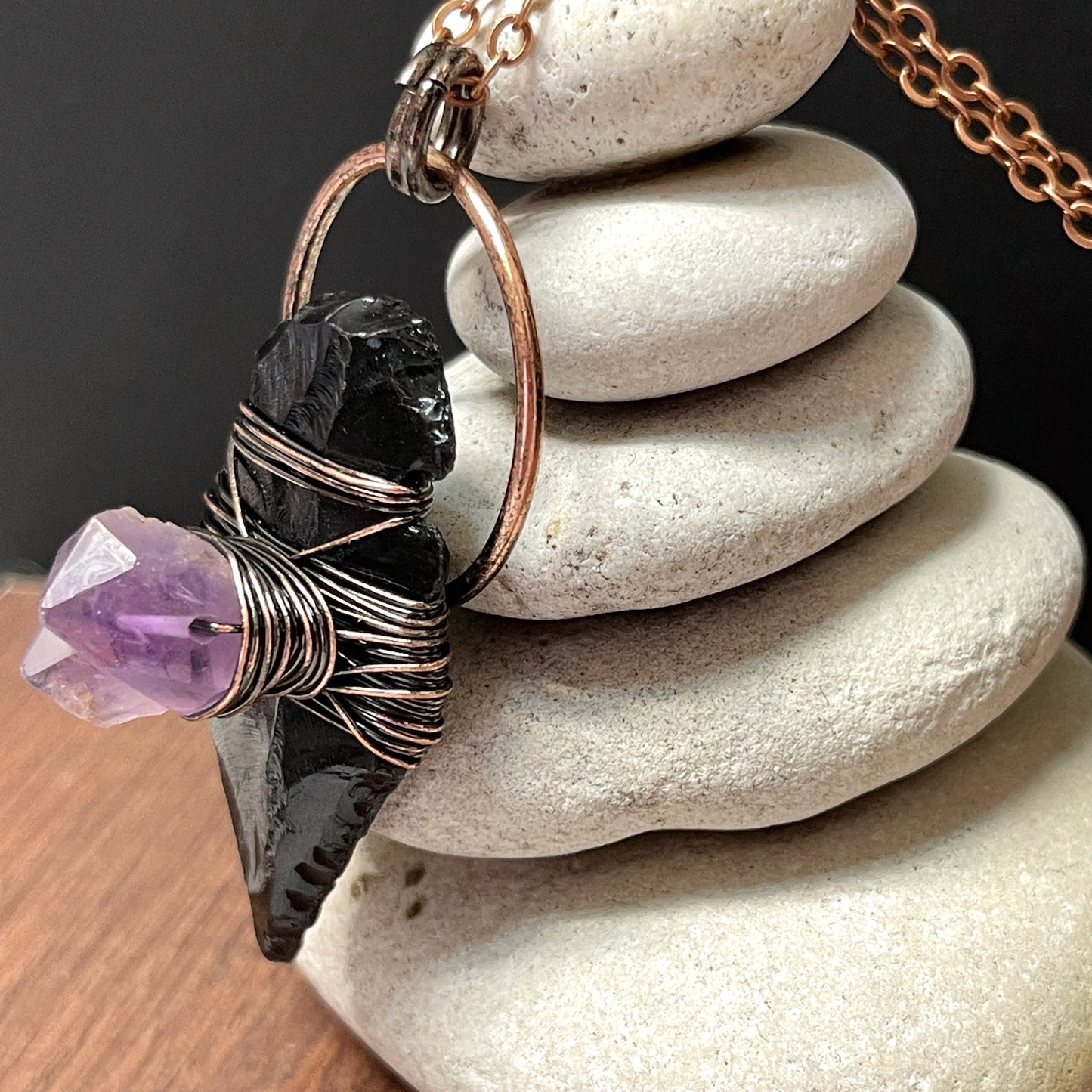 Black Obsidian & Amethyst Arrowhead necklace