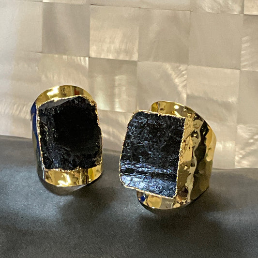 Gold Shield Raw Black Tourmaline Ring