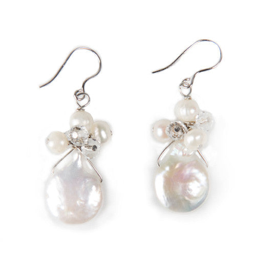 Flounce Natural Coin Pearl and Crystal Bead Drop Earrings Bridal