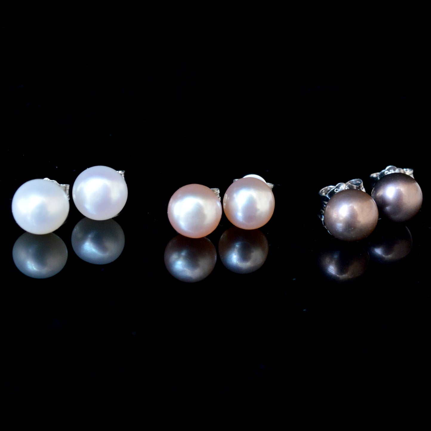 Genuin Pearl Stud Earrings 7mm Sterling Silver White Blush Midnight Colors