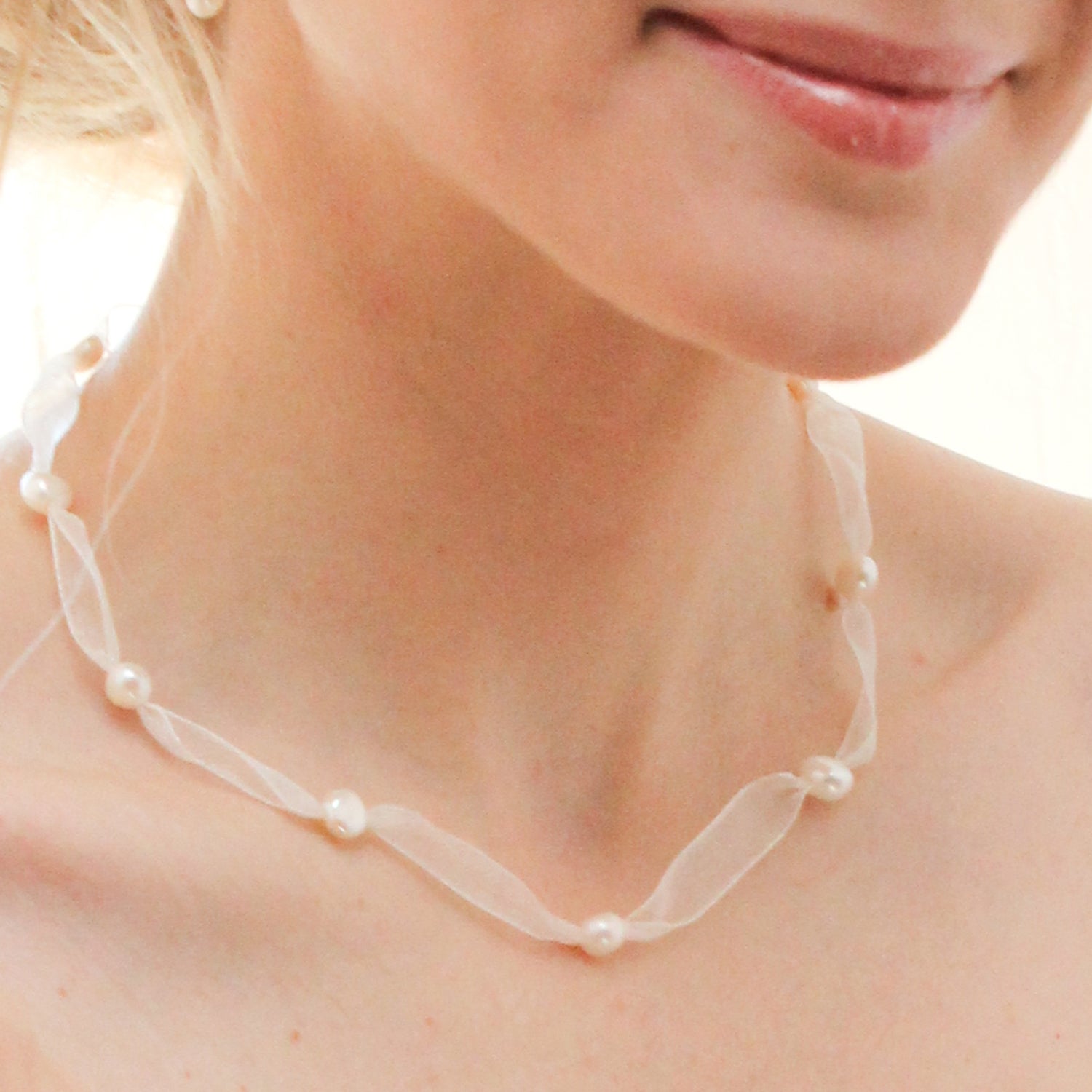 Innocence Pearl and Ribbon Necklace Bridal jewelry on model