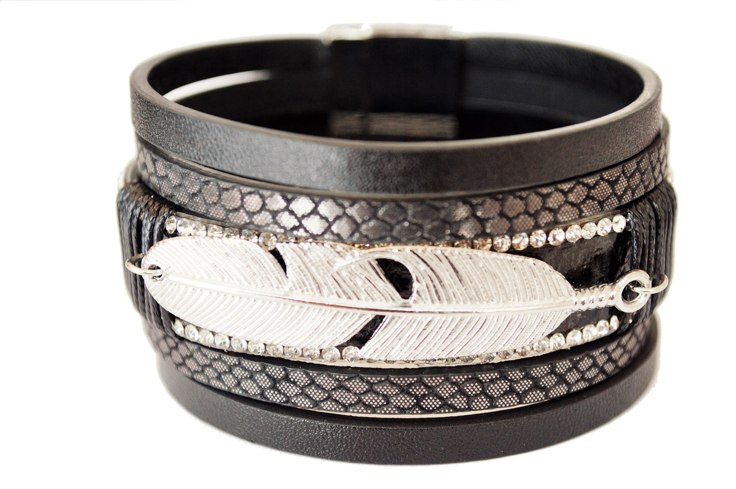 Ariel Leather and Feather Cuff Bracelet with Rhinestone detail front view