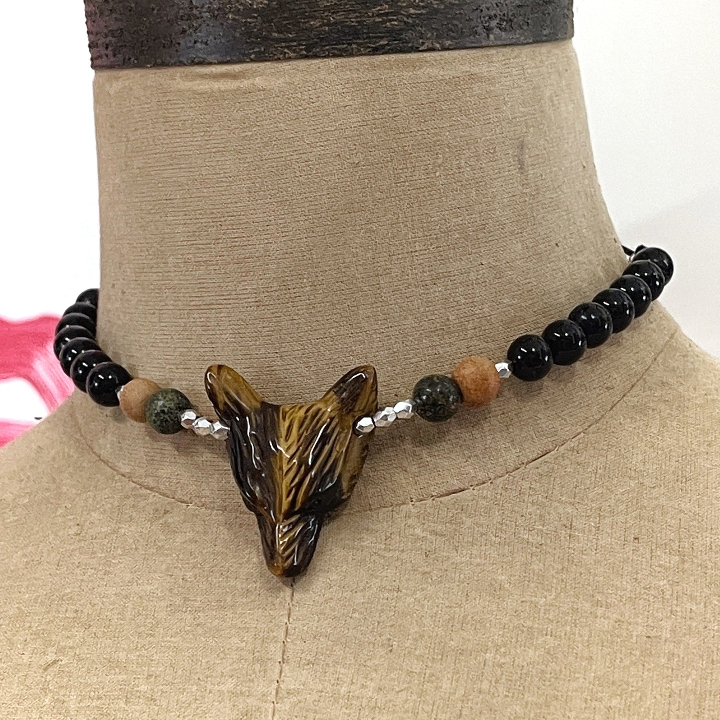 Fox Tigers Eye and obsidian adjustable length necklace