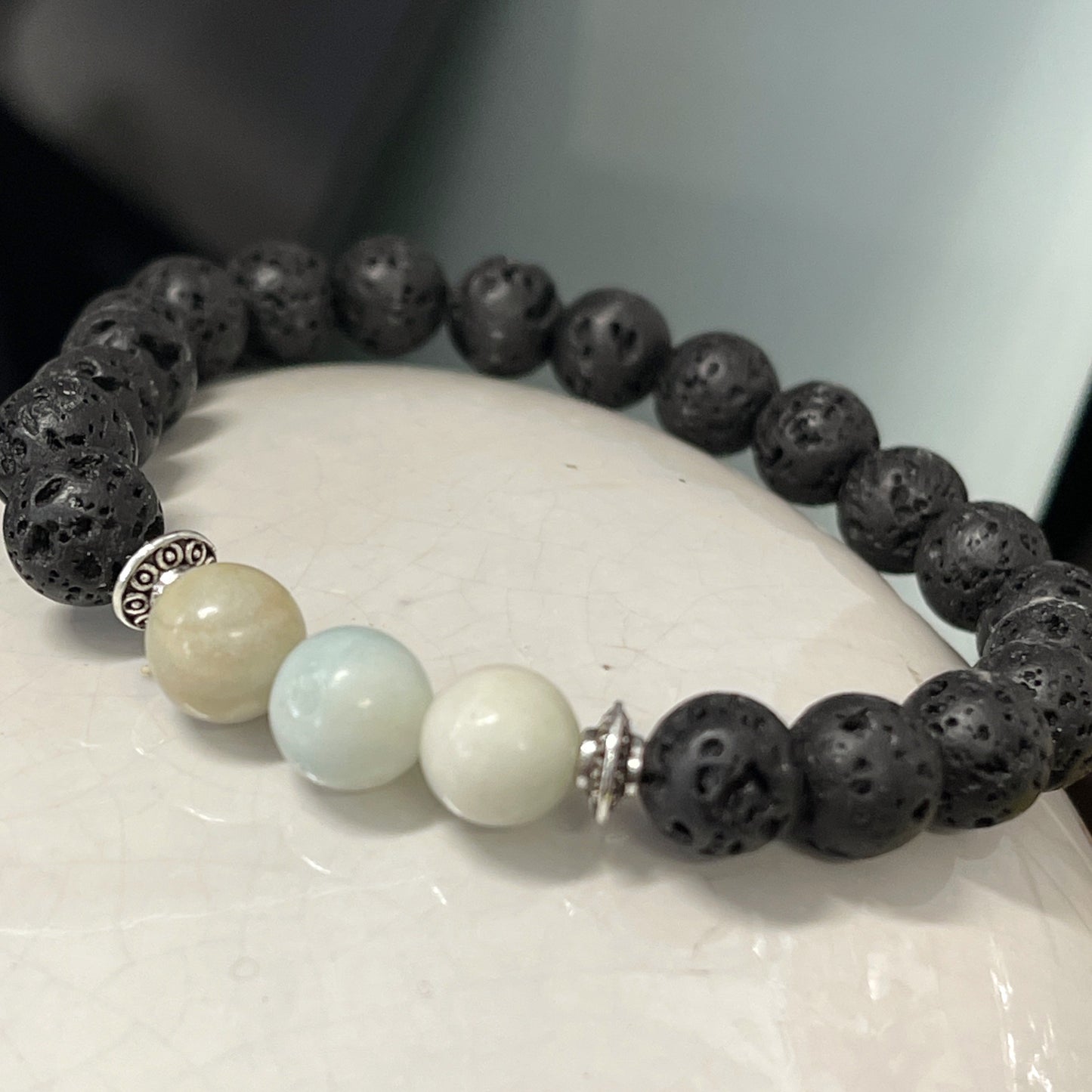 Amazonite Lava Stone Bracelet can be used for calming, awakening the inner goddess, aromatherapy