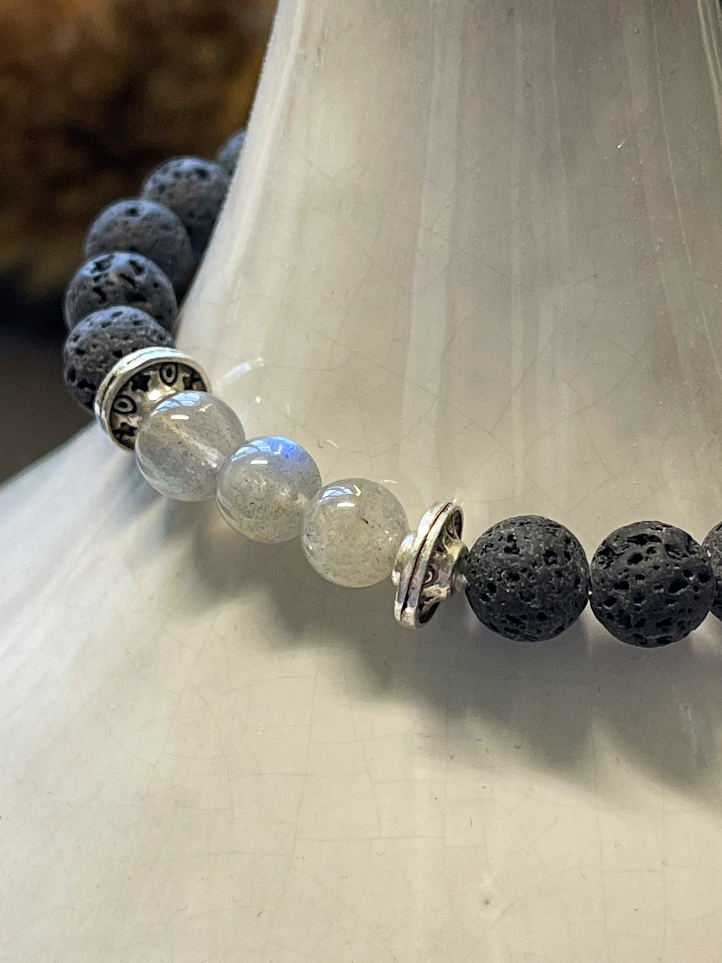 Rainbow Moonstone Lava Stone Bracelet can be used for calming, awakening the inner goddess, aromatherapy