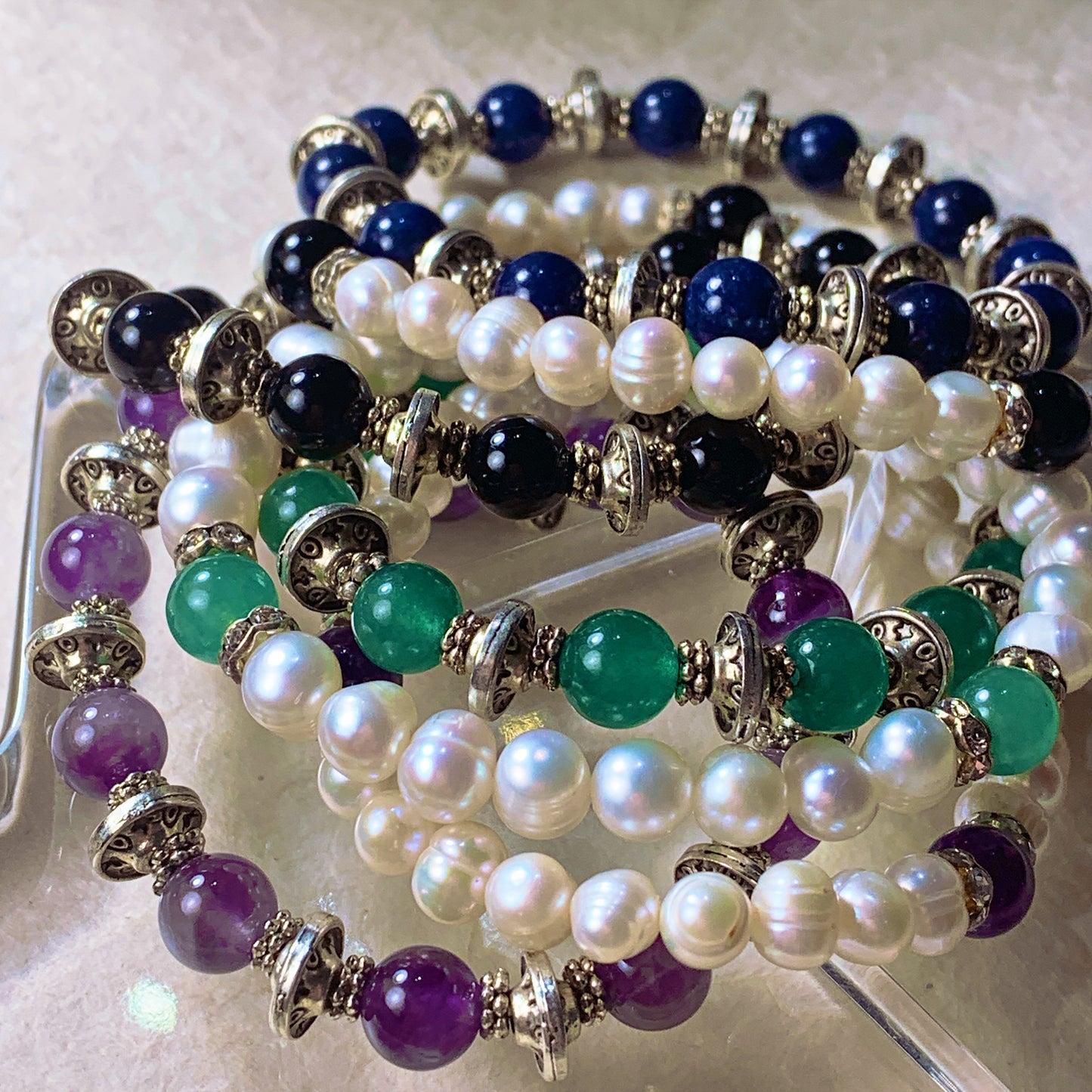 Jolie Pearl, Crystal & Gemstone Stacking Bracelets