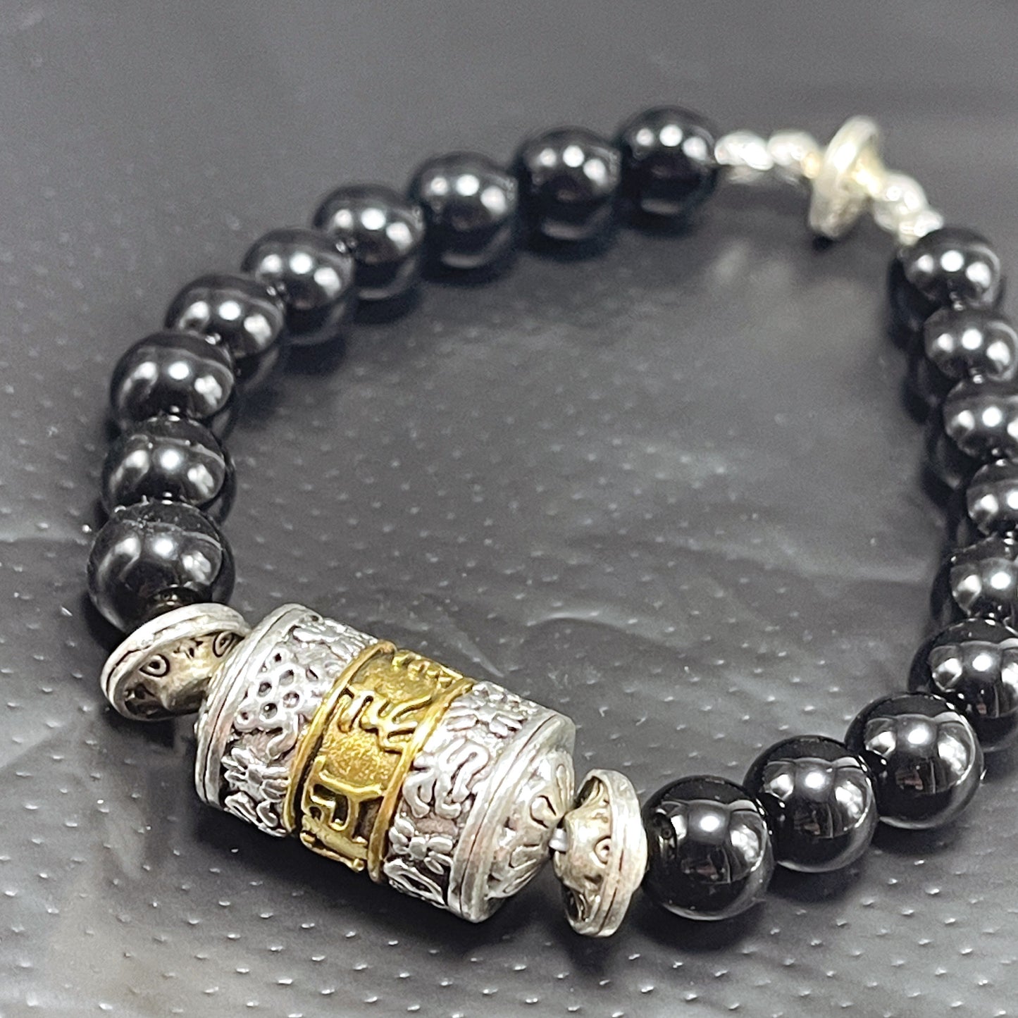 Black agate protective Mala Bracelet Om Mani Padme Hum Prayer Wheel