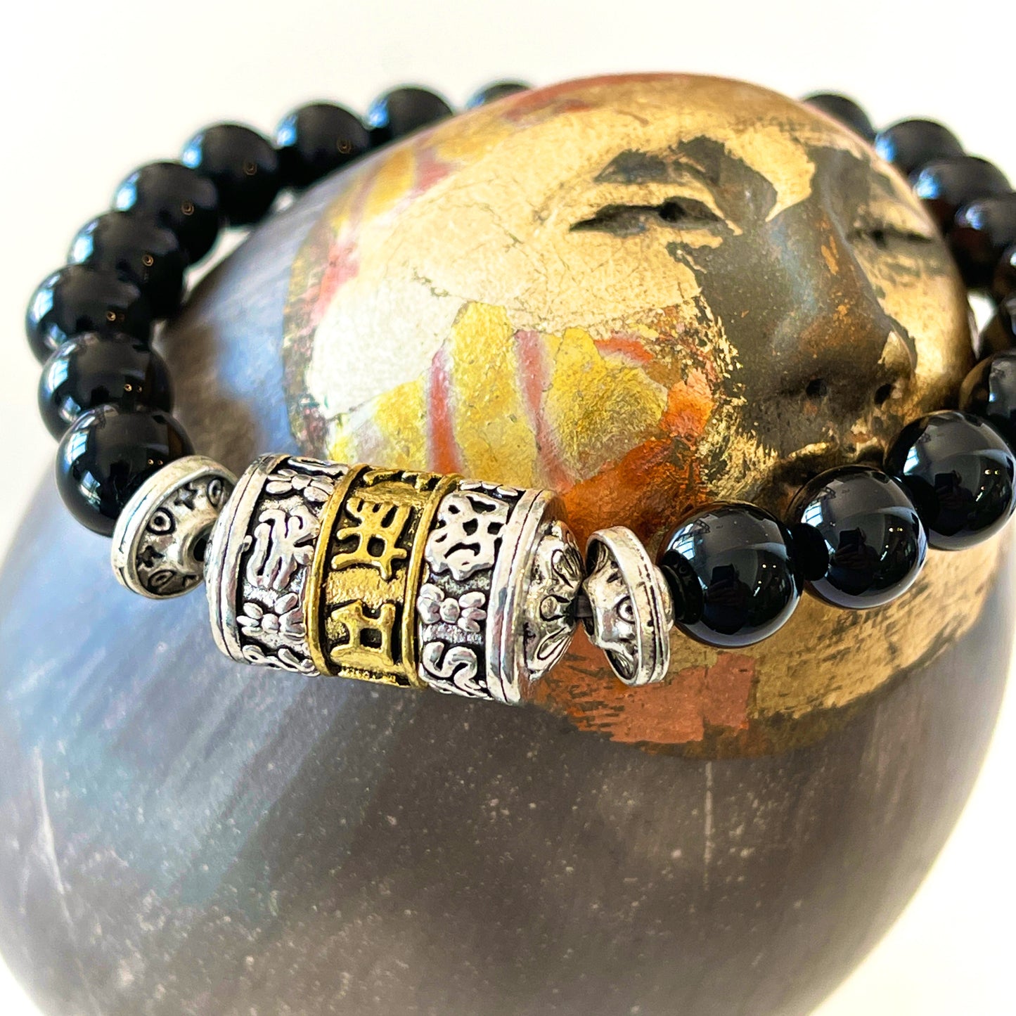 Black agate protective Mala Bracelet Om Mani Padme Hum Prayer Wheel