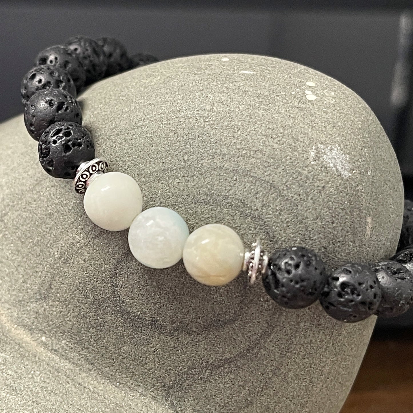 Amazonite Lava Stone Bracelet can be used for calming, awakening the inner goddess, aromatherapy