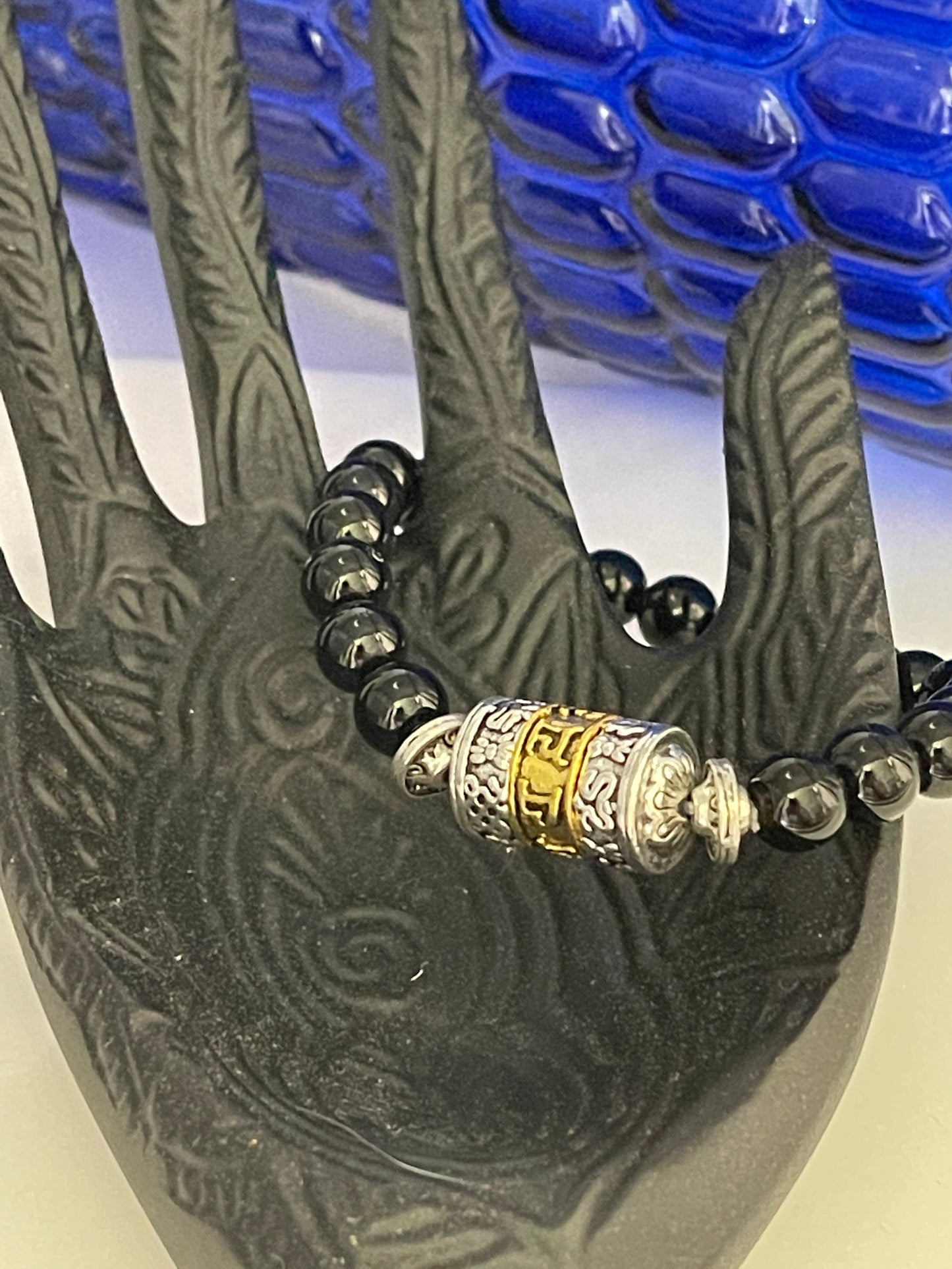 Black agate protective Mala Bracelet Om Mani Padme Hum Prayer Wheel