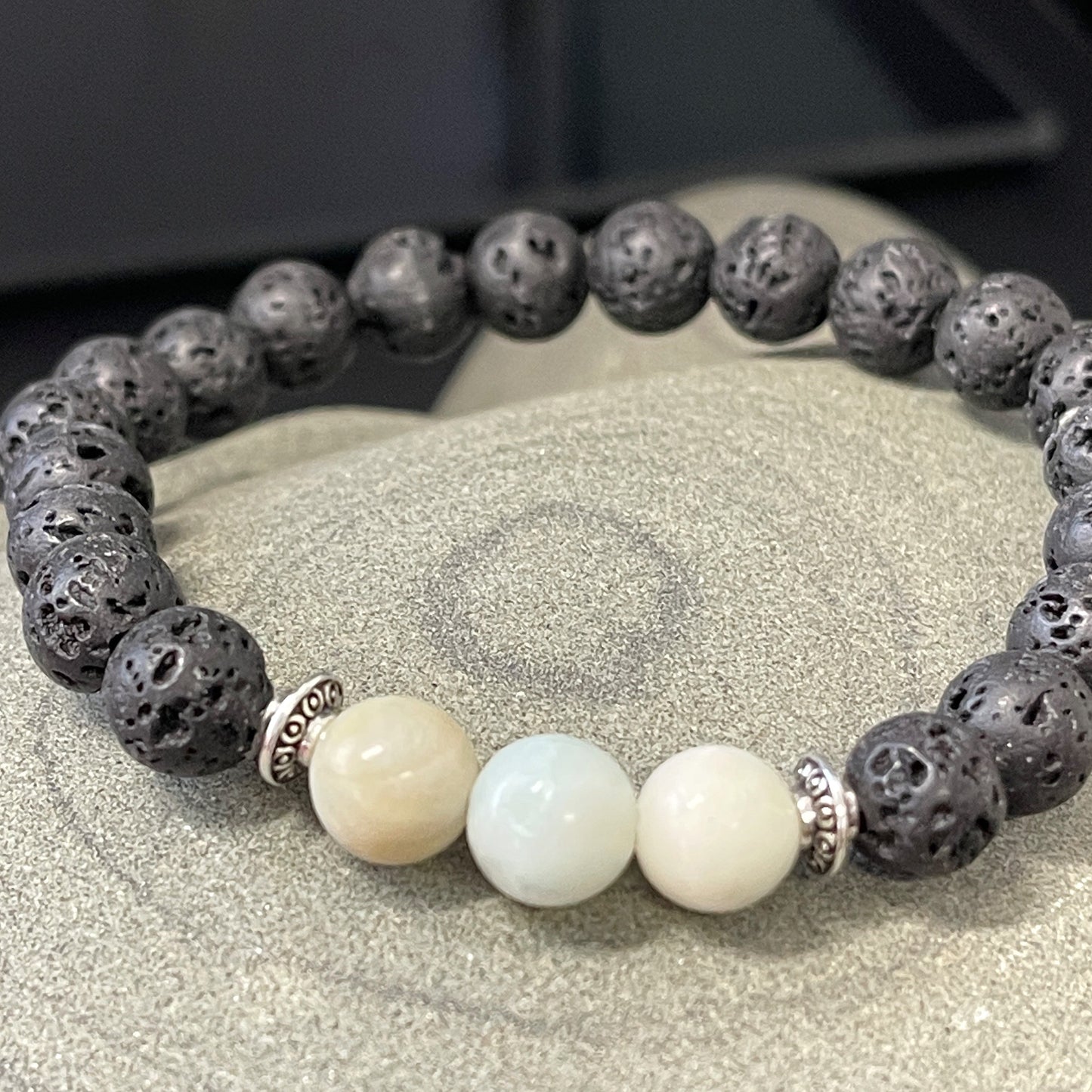 Amazonite Lava Stone Bracelet can be used for calming, awakening the inner goddess, aromatherapy