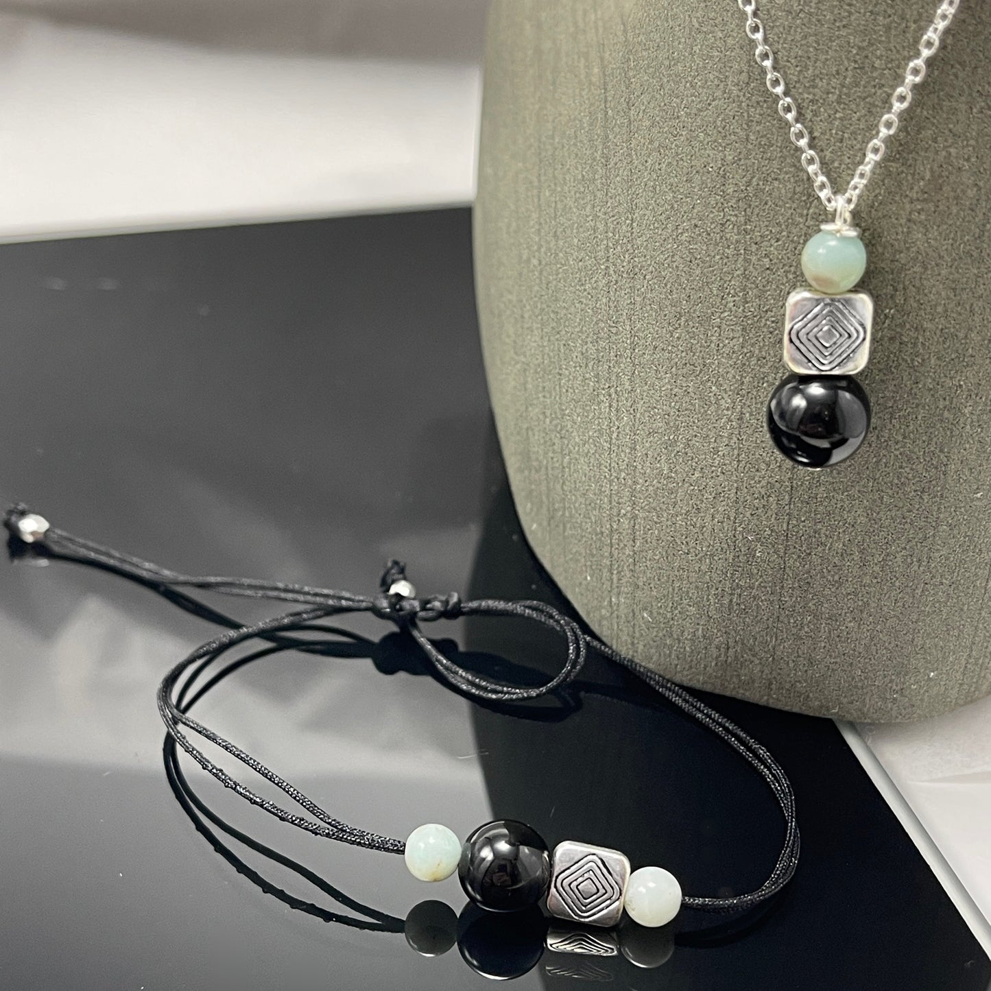 Amazonite and Black Onyx Necklace for Protection and peace of mind