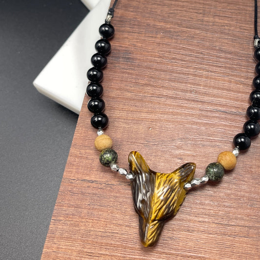 Fox Tigers Eye and obsidian adjustable length necklace