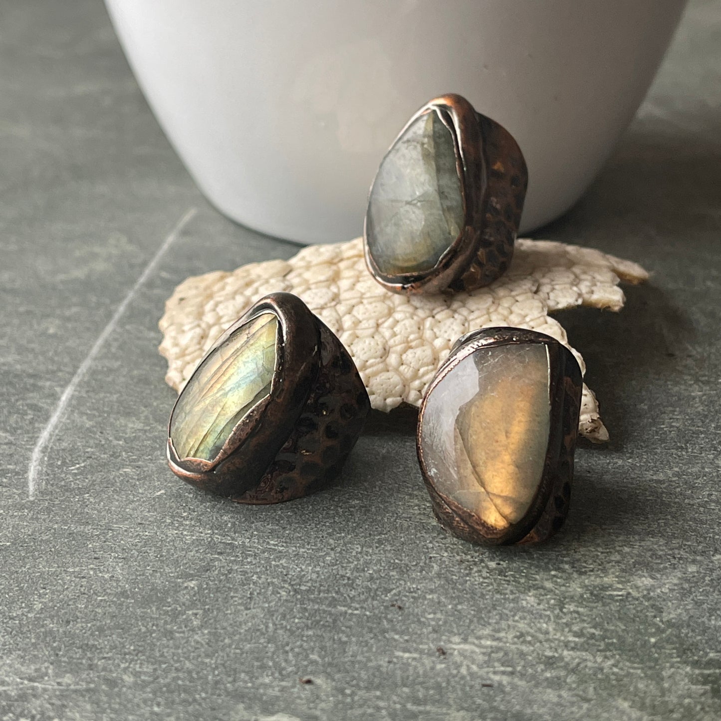 Antique Copper Labradorite Shield Statement Ring