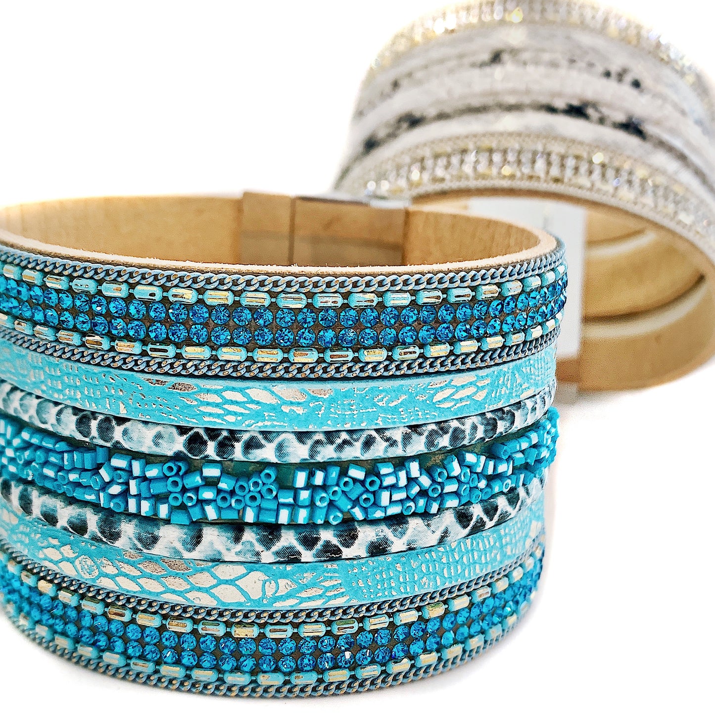 Oceana Seed Bead and Leather Cuff Bracelet